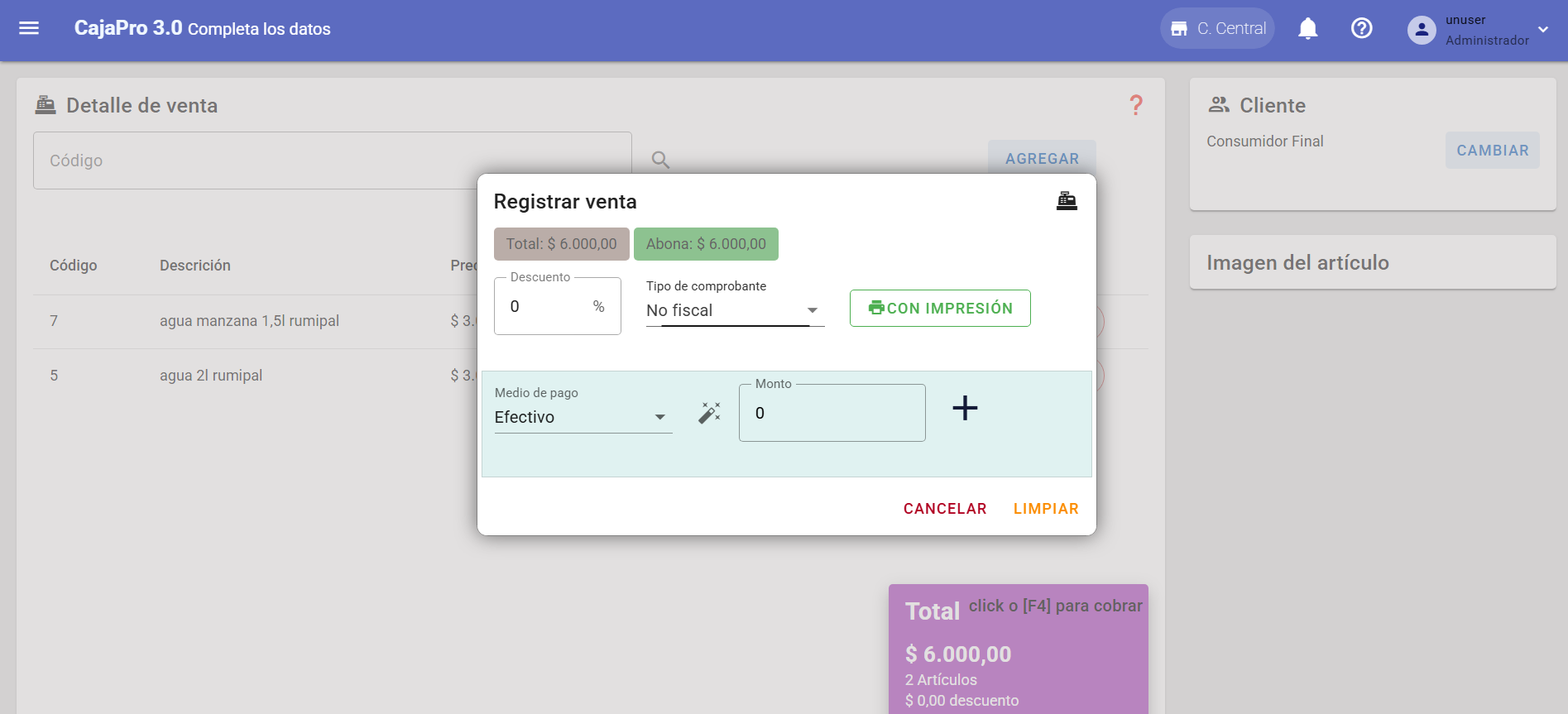 Proceso de pago en sistema POS CajaPro - Facturación AFIP